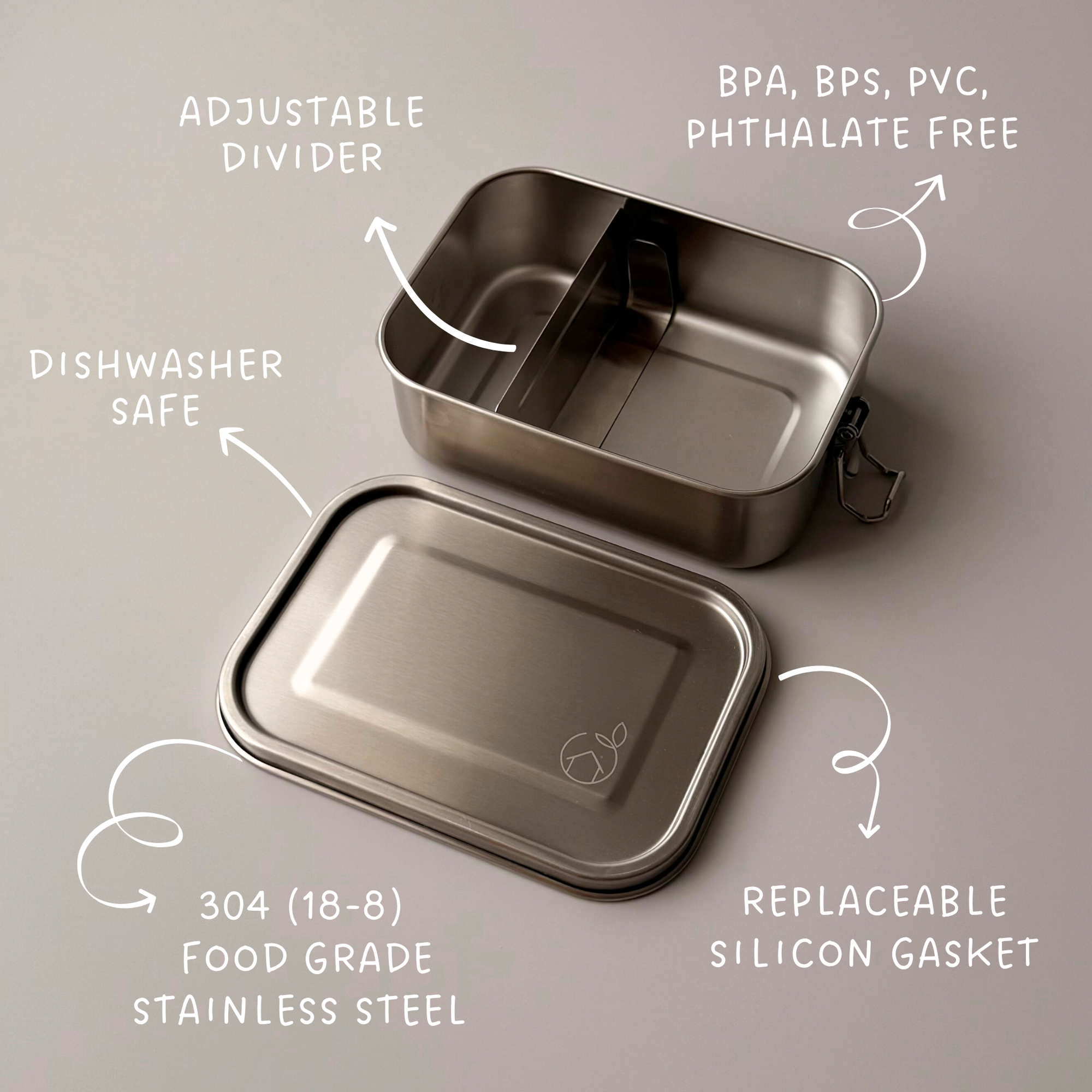A Kinder Nest 304 stainless steel lunch box available in three sizes with adjustable dividers for plastic-free meals.