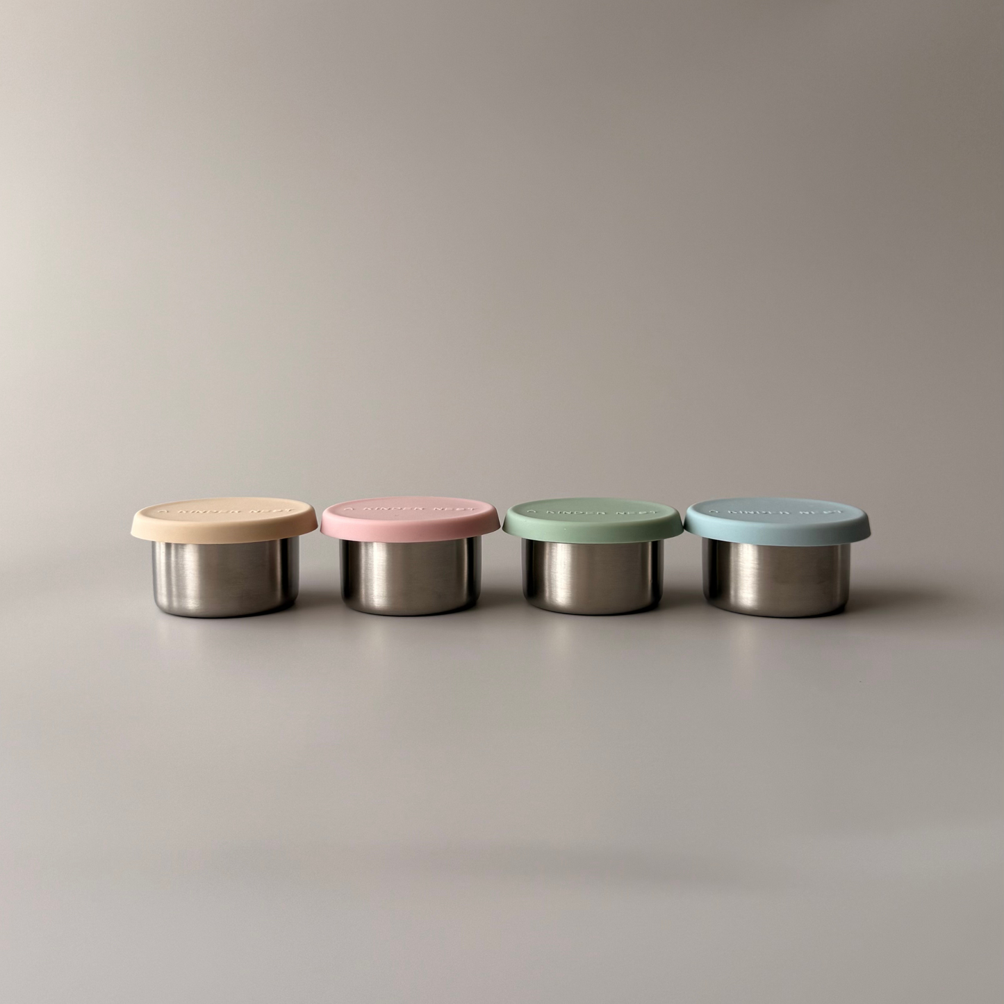 Set of two mini stainless steel containers with leak proof silicon lids. Sauce Container. A Kinder Nest.