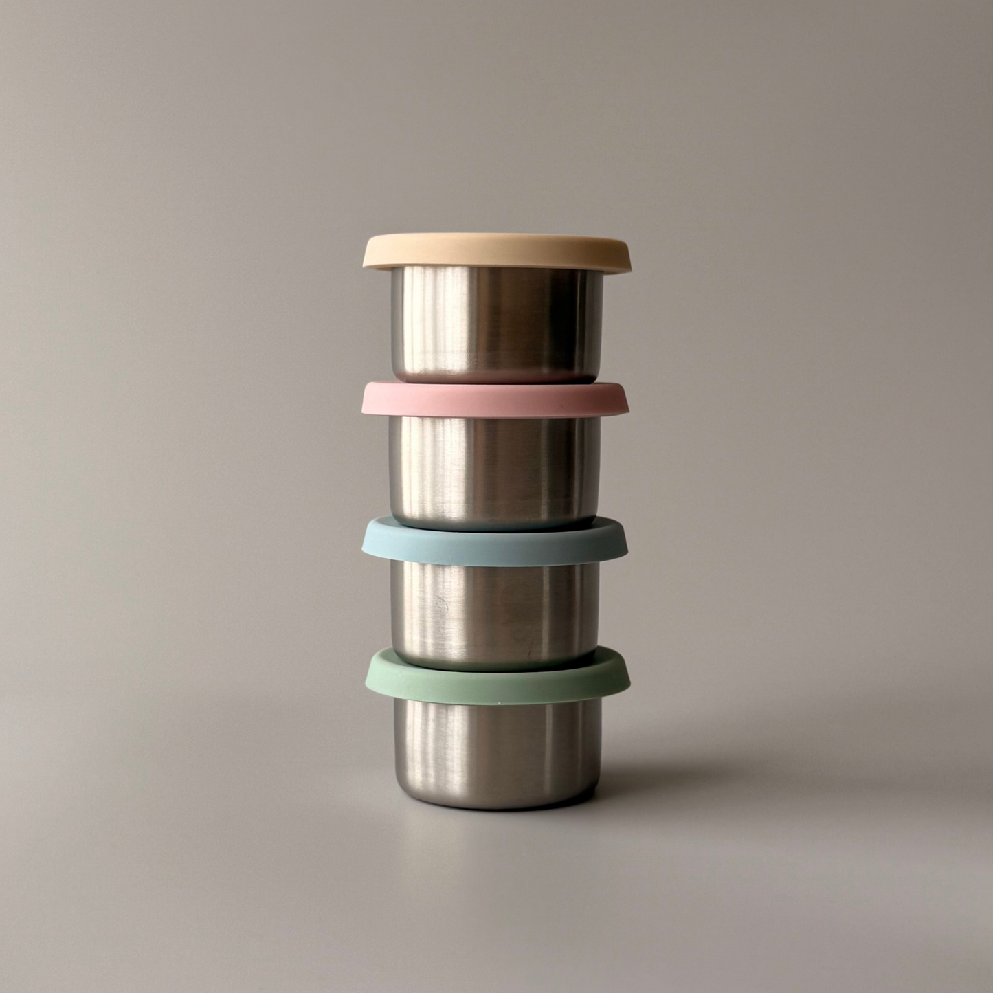Set of two mini stainless steel containers with leak proof silicon lids. Sauce Container. A Kinder Nest.