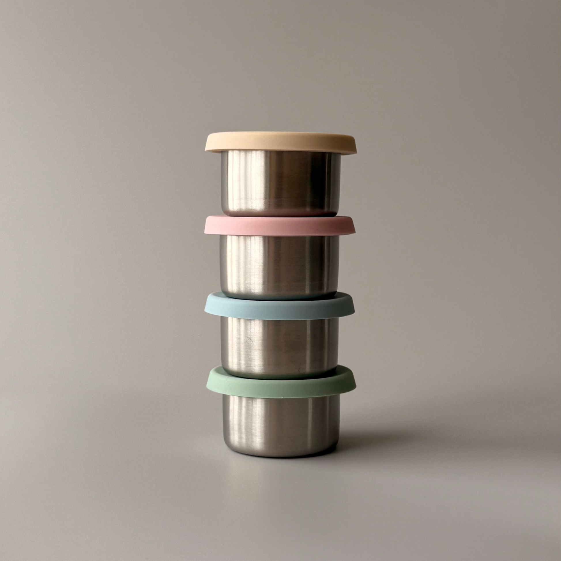Set of two mini stainless steel containers with leak proof silicon lids. Sauce Container. A Kinder Nest.