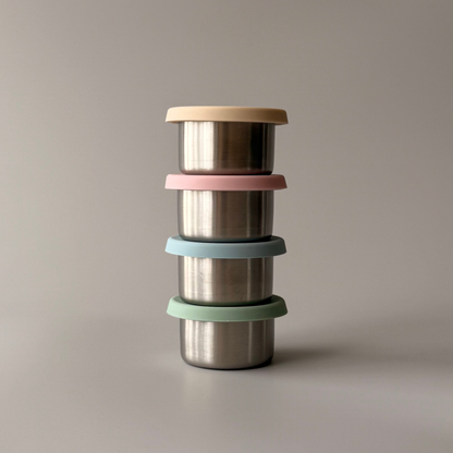 Set of two mini stainless steel containers with leak proof silicon lids. Sauce Container. A Kinder Nest.