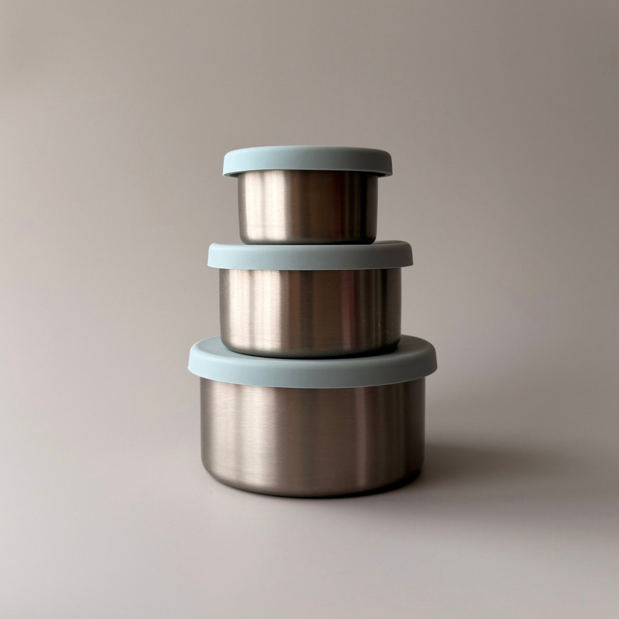 Reusable 304 stainless steel containers used for healthy meal prep, toddler snacks, and school lunches.