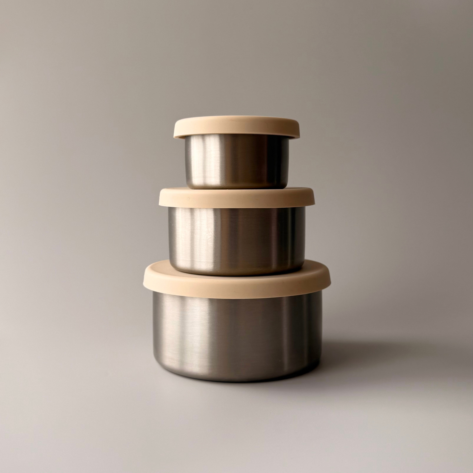 Reusable 304 stainless steel containers used for healthy meal prep, toddler snacks, and school lunches.