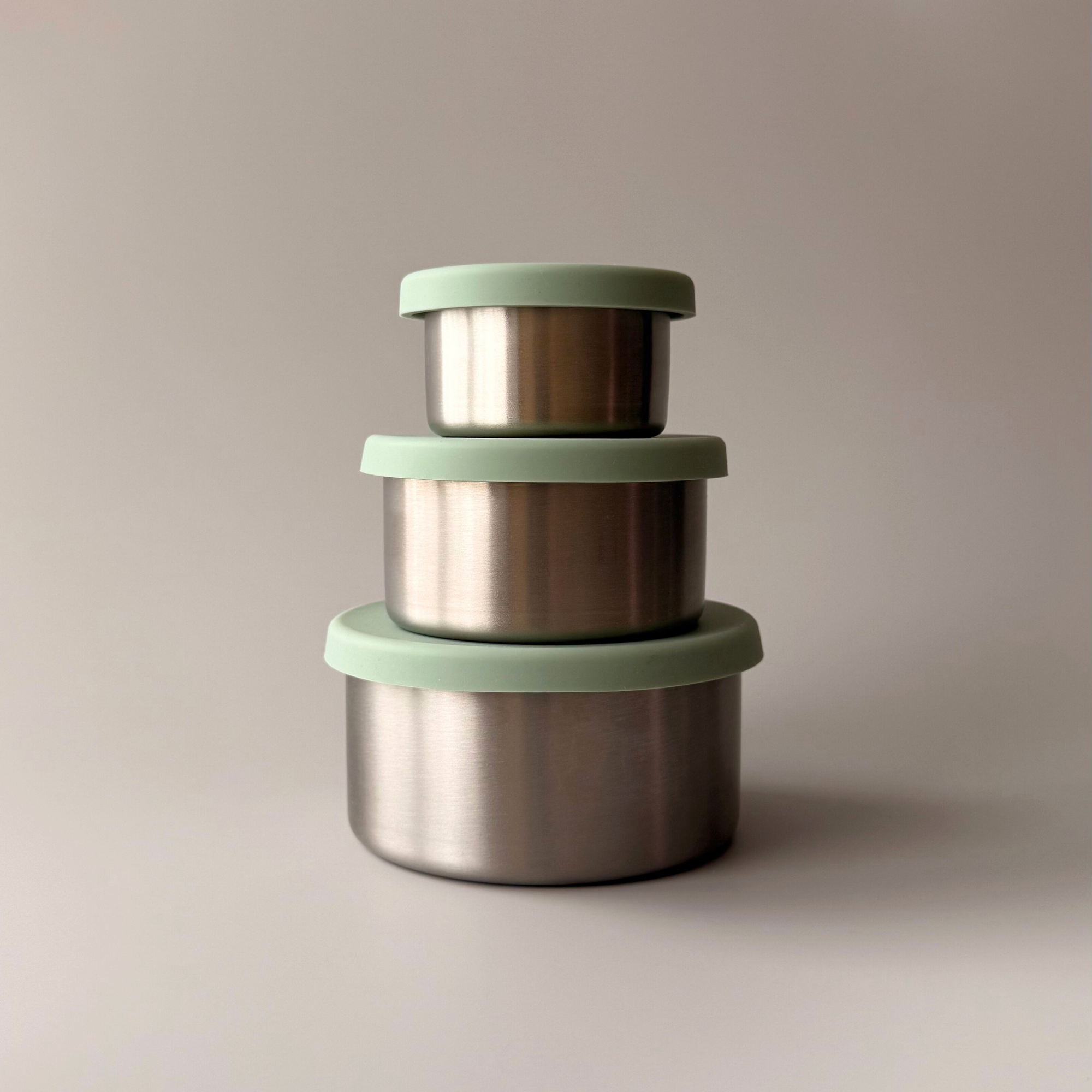 Reusable 304 stainless steel containers used for healthy meal prep, toddler snacks, and school lunches.