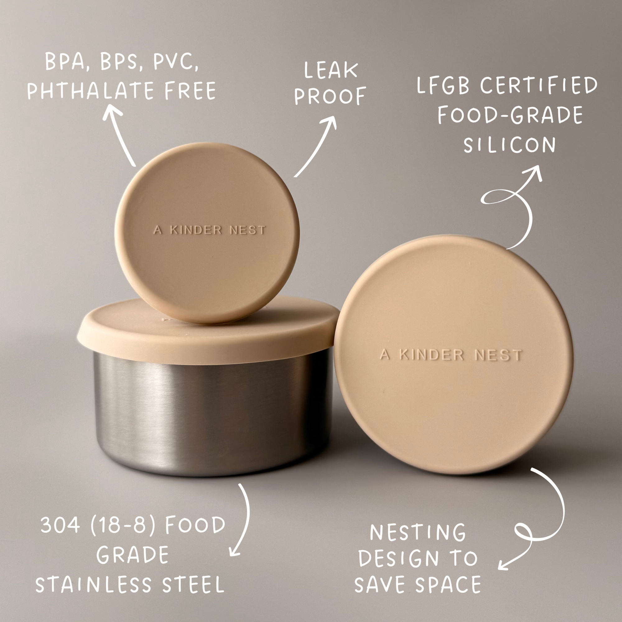 Space-saving nesting design of A Kinder Nest stainless steel trio containers showing how three sizes fit inside each other.