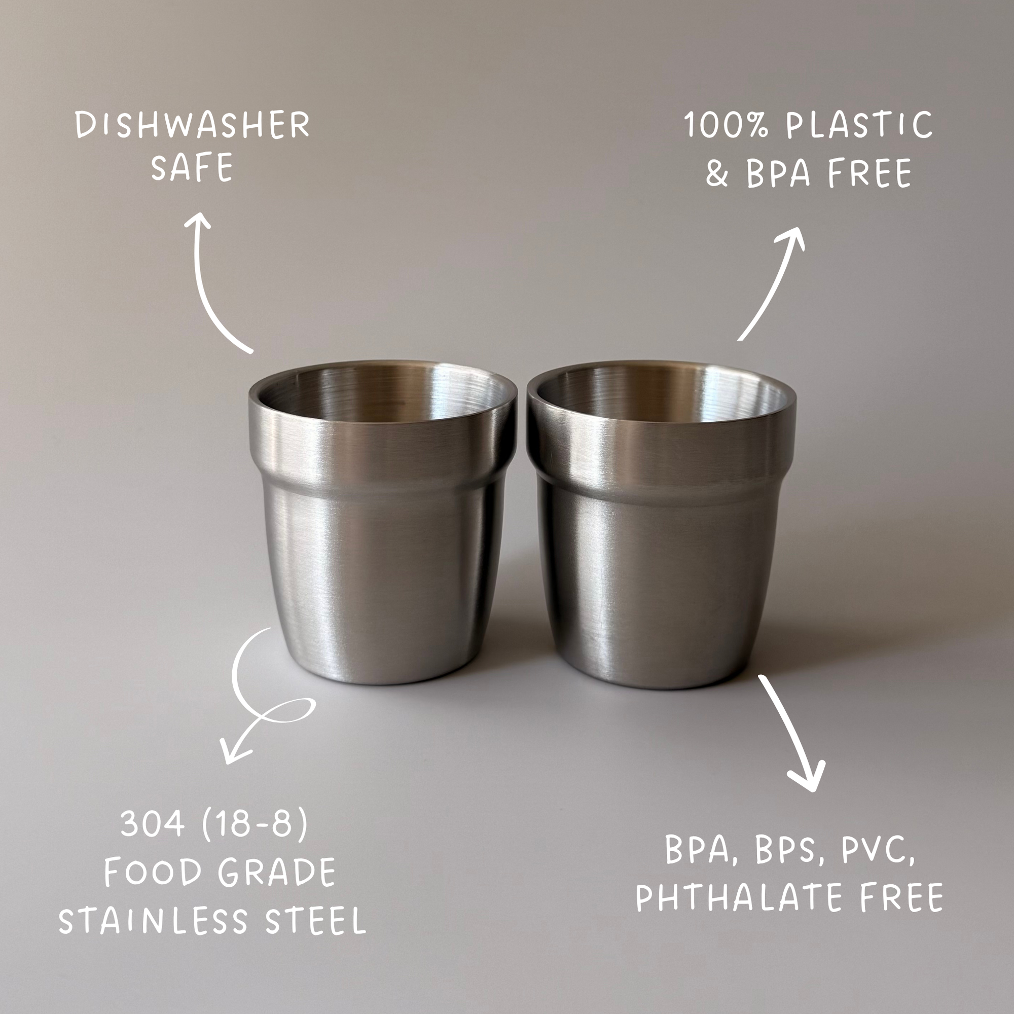 Small 175ml stainless steel cups showing the easy-grip rim, perfectly sized for toddlers and young children.